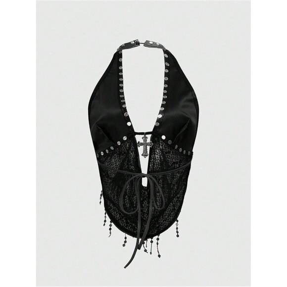 Women's Solid Black Gothic Grunge PU Leather Sparkly Halter V Neck Vest Crop Top - Picture 2 of 6